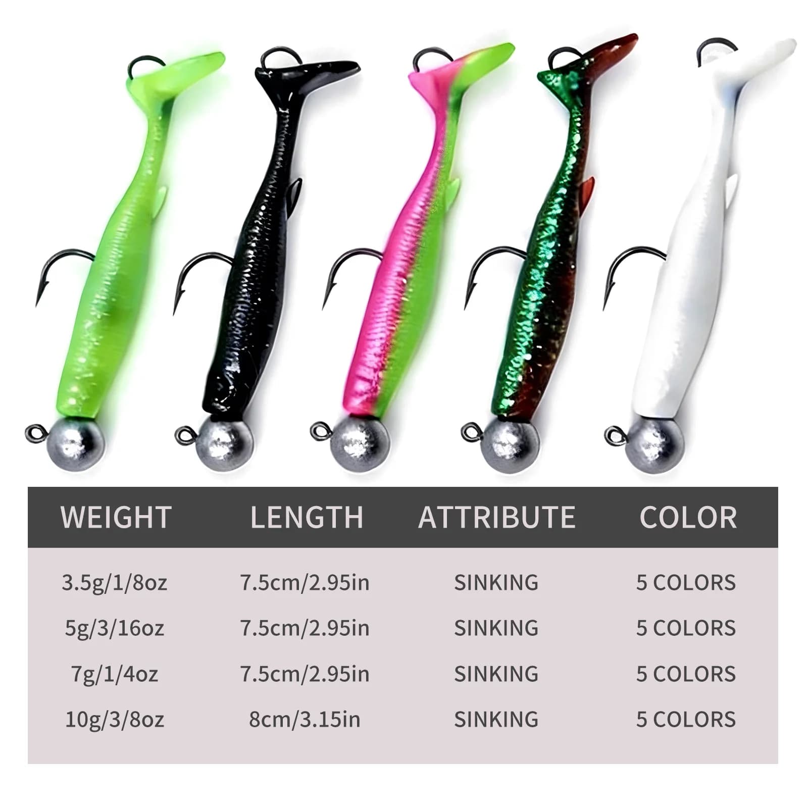 Blade Tail Soft Swim Baits med Dobbeltkroge, 5 stk
