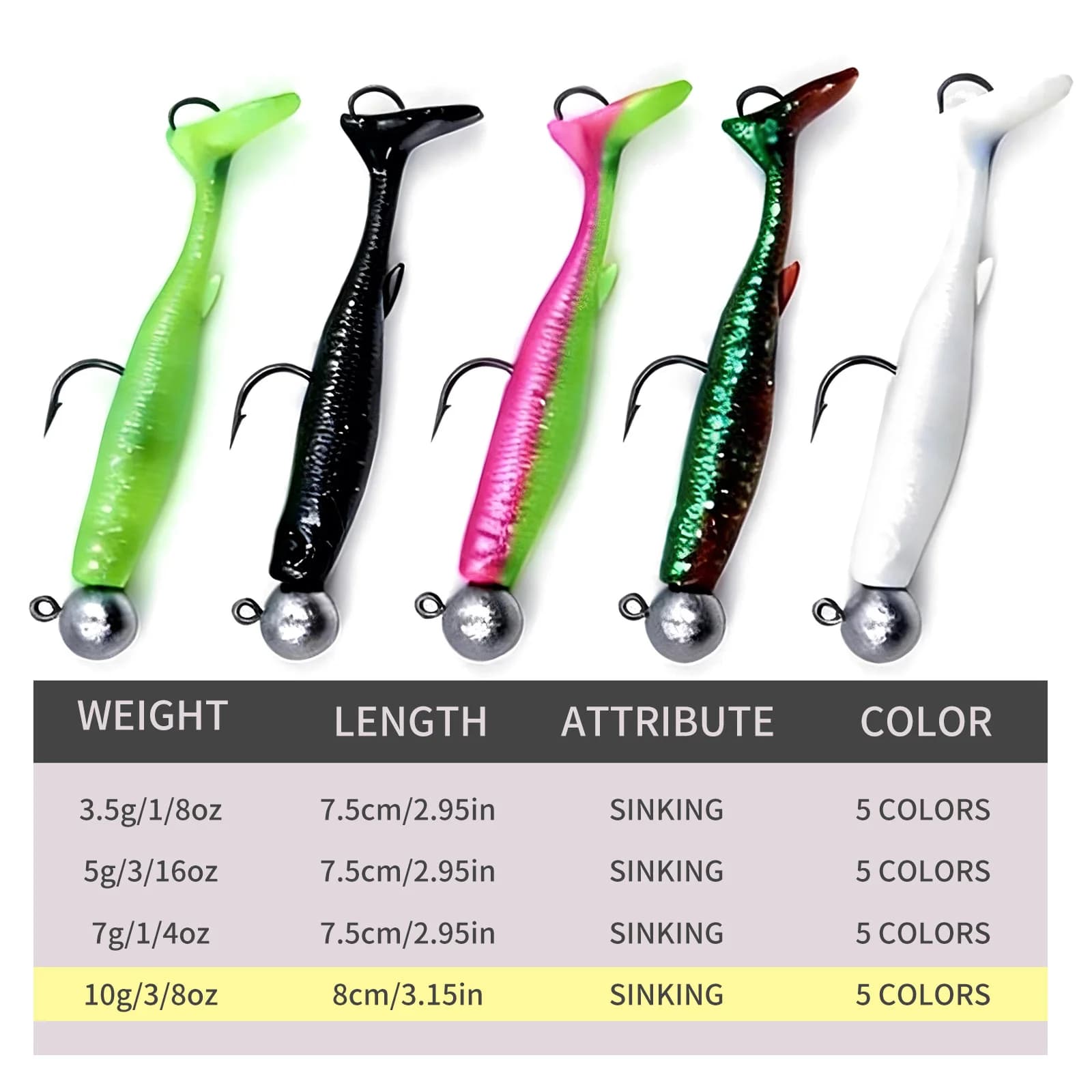 Blade Tail Soft Swim Baits med Dobbeltkroge, 5 stk