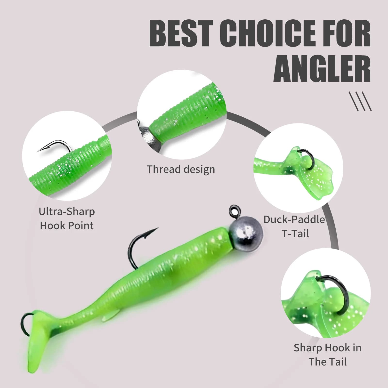 Blade Tail Soft Swim Baits med Dobbeltkroge, 5 stk