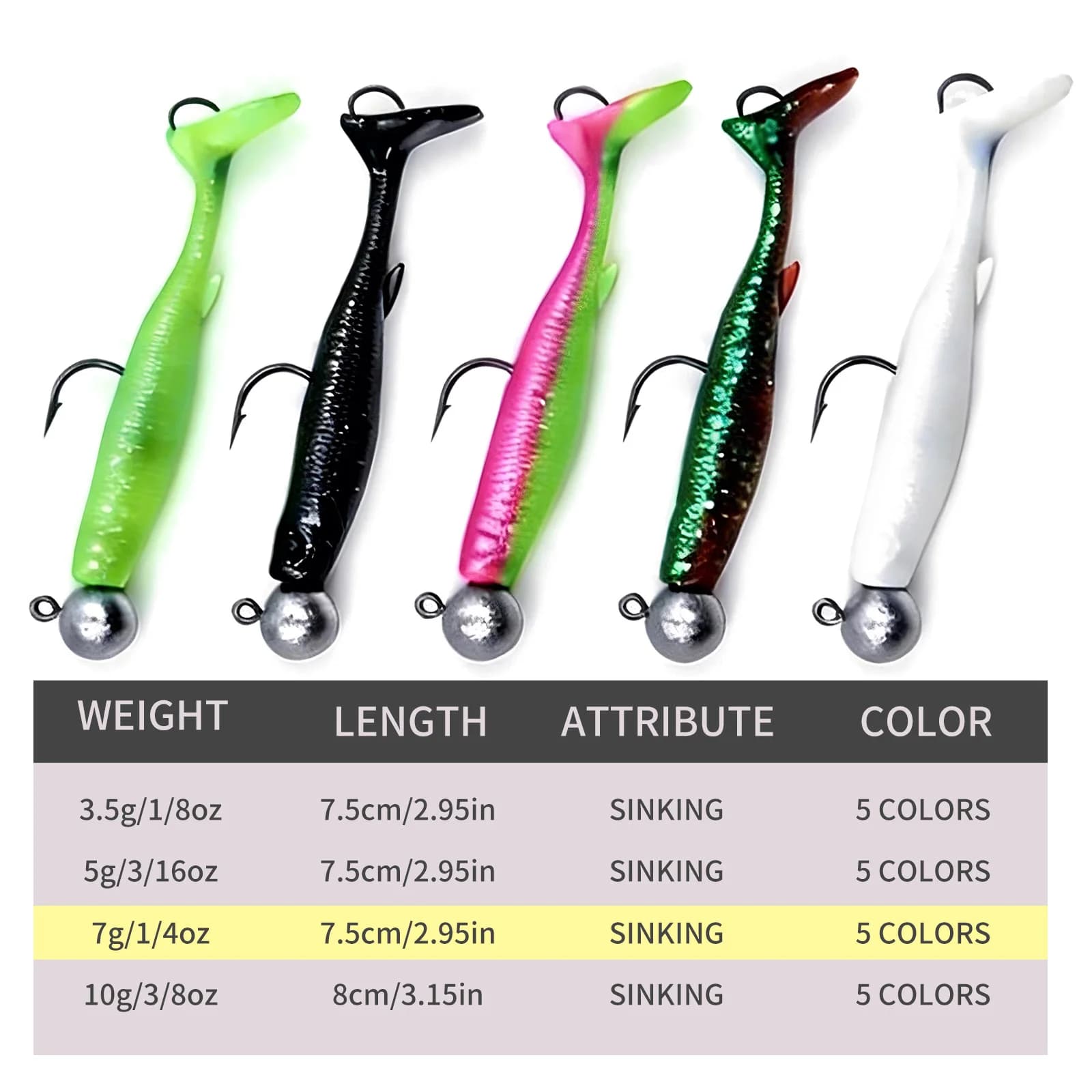 Blade Tail Soft Swim Baits med Dobbeltkroge, 5 stk